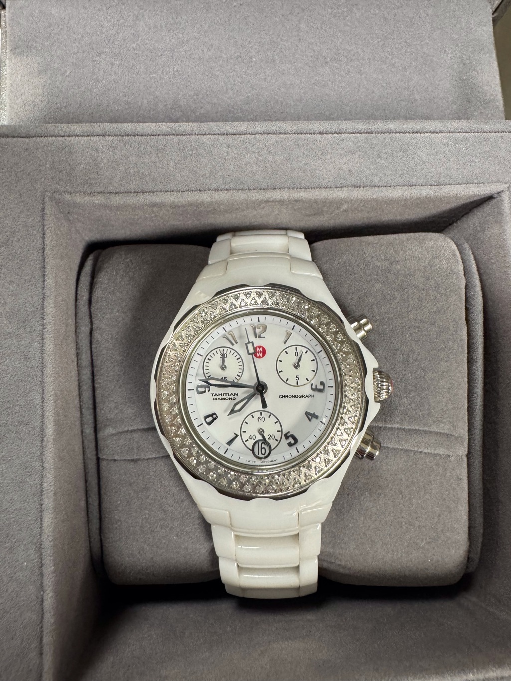 Michele White Ceramic Chronograph Watch With Silver Diamond Bezel